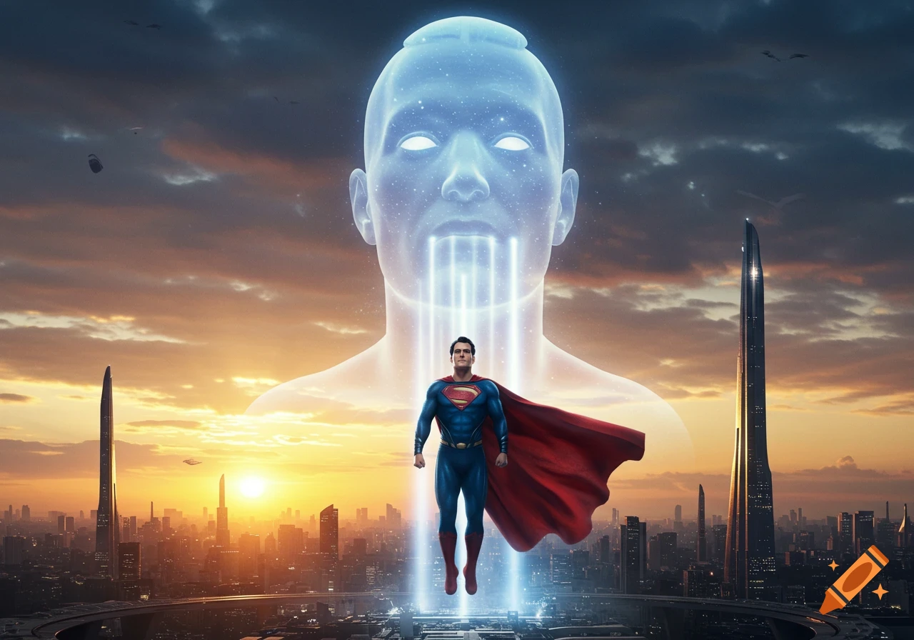 Superman floats above a futuristic city at sunset, watched by a giant, glowing, ethereal head.