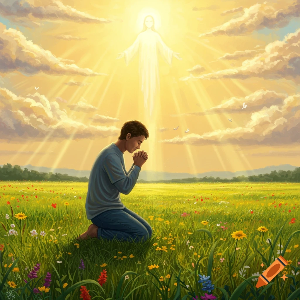 A man kneels praying in a field of wildflowers as a bright, ethereal figure descends from golden light in the sky, illustrative style.