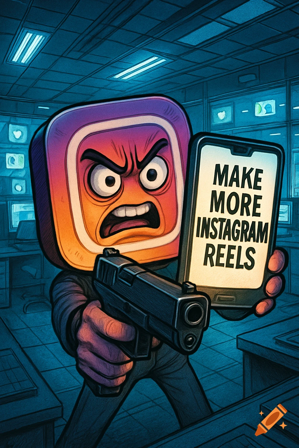 An angry, personified Instagram app icon holds a gun and a smartphone displaying 'MAKE MORE INSTAGRAM REELS' in a comic book style.