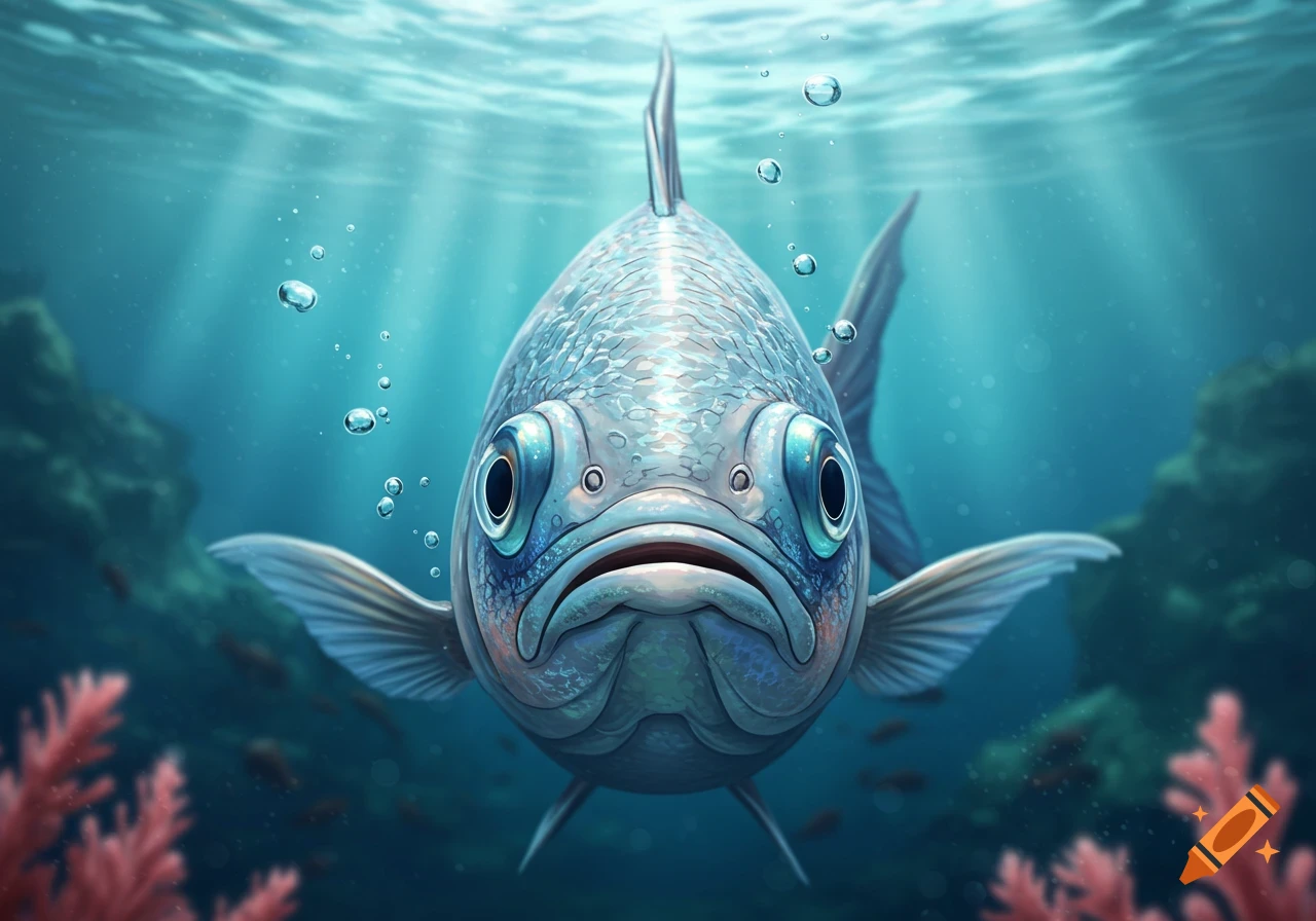 A close-up, front-facing view of a detailed fish with large eyes underwater, with light rays and bubbles.