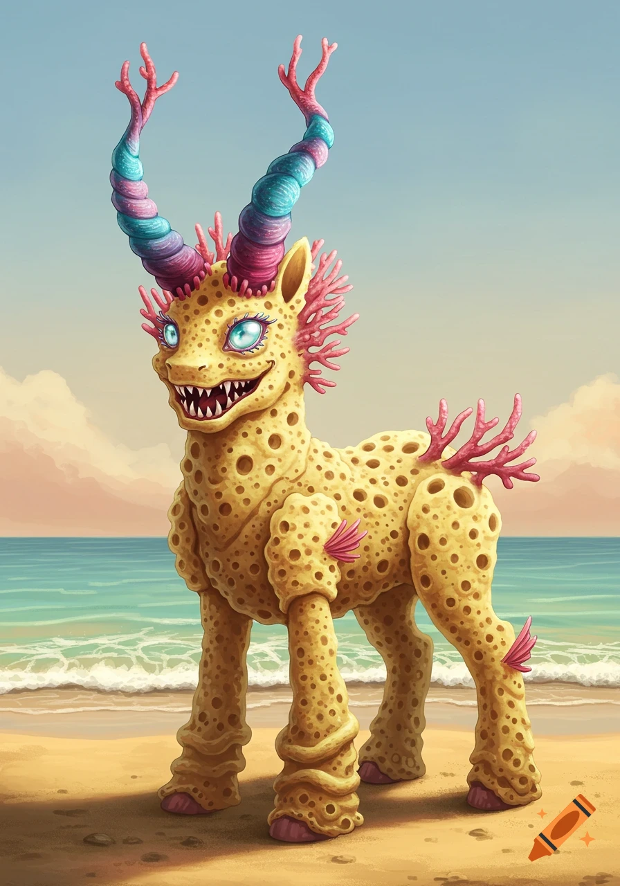 A creature resembling a yellow sea sponge pony with coral horns and sharp teeth stands on a sandy beach.