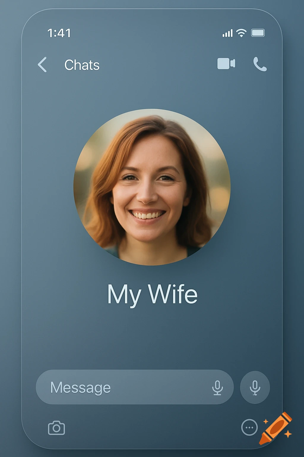 A smartphone screen displays a chat UI with a smiling woman's profile picture labeled "My Wife" and a message input field.