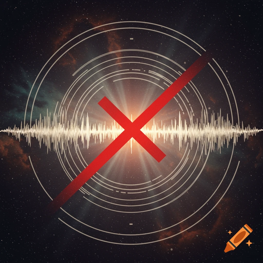 A bright red 'X' mark crosses a white sound wave and concentric circles against a dark cosmic background with stars and nebulae.