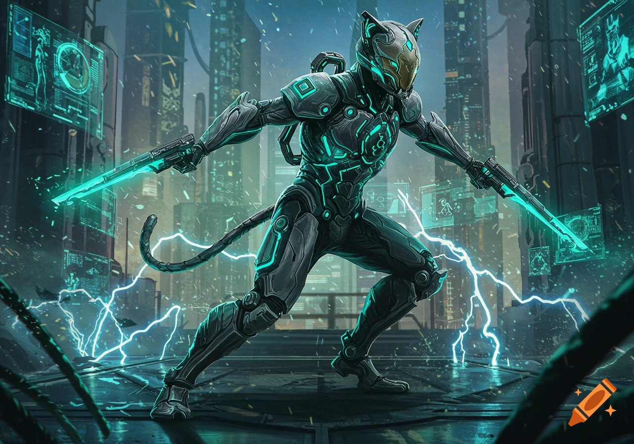 A futuristic robot in a black armored suit with cat ears and a tail holds two glowing turquoise blades in a dark cyberpunk city.
