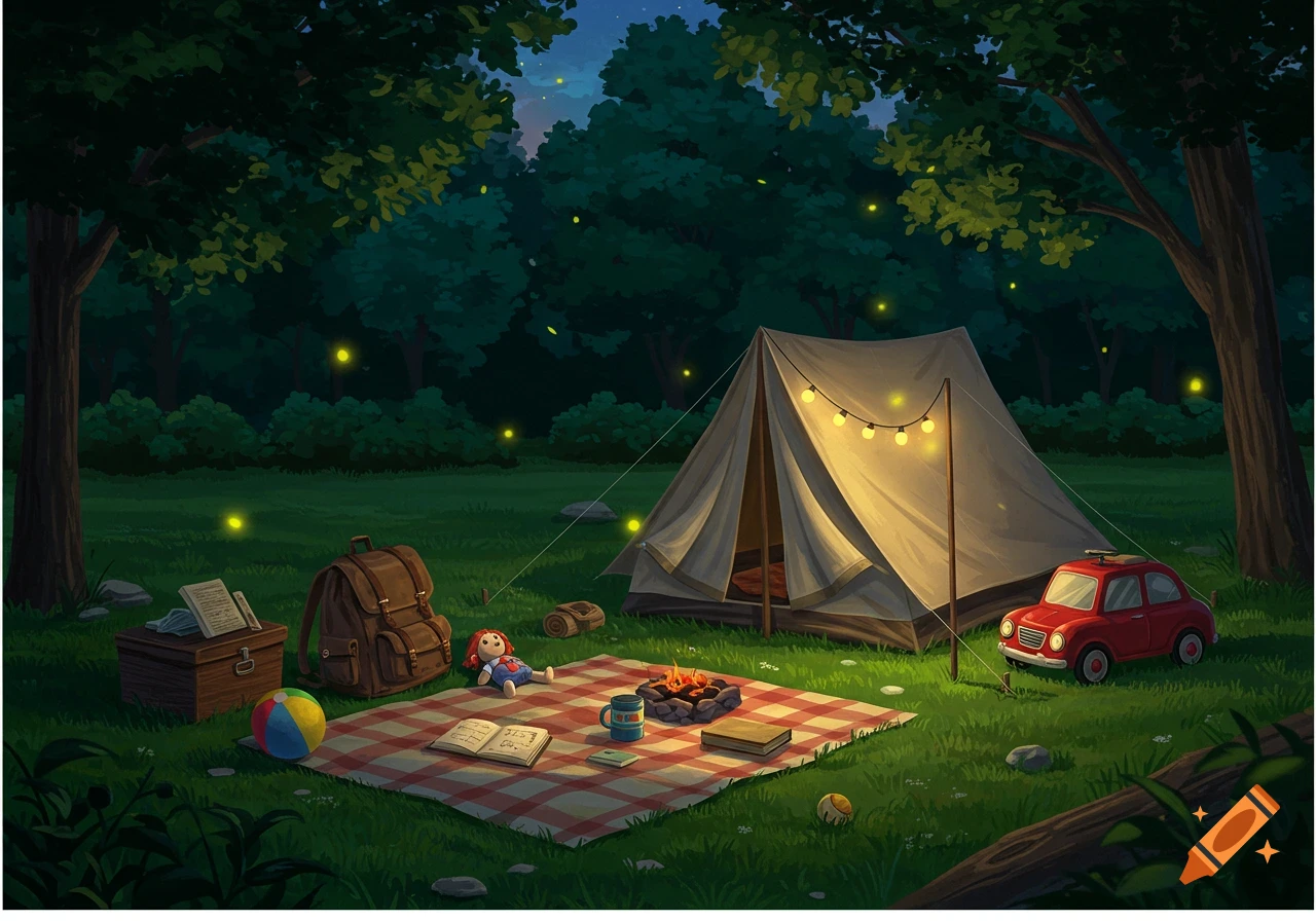 An illustrated night scene of a campsite in a forest with a tent, string lights, a campfire, and various objects on a picnic blanket.