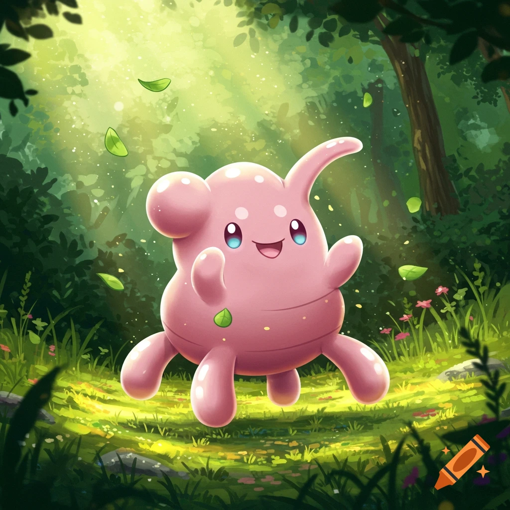 A happy, pink, tentacled creature with blue eyes smiles in a lush, sunlit forest. Green leaves fall around it.