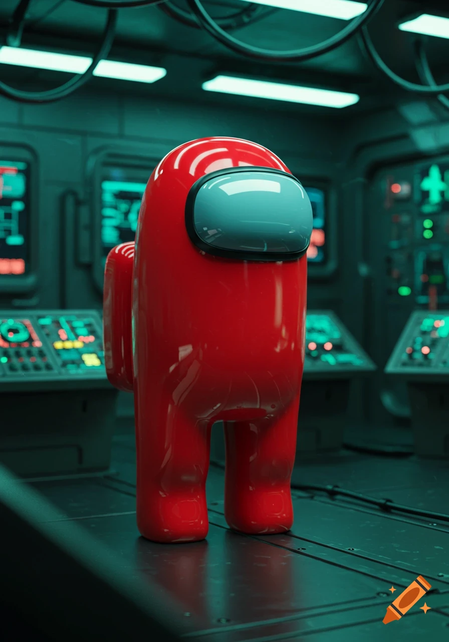 A glossy red Among Us character stands in a dimly lit, futuristic control room with glowing green screens.