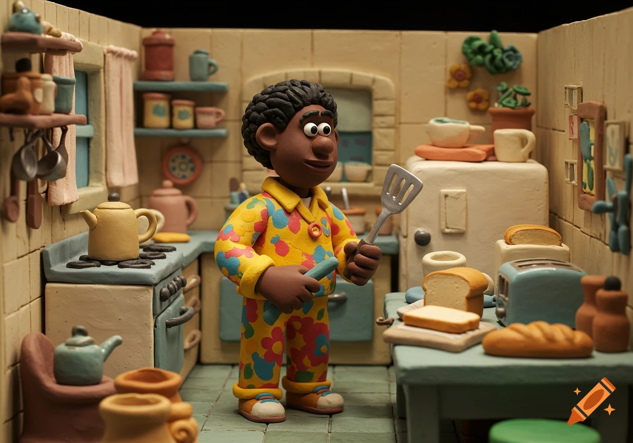 A claymation African American person in colorful pajamas holds a spatula in a detailed kitchen, in the style of Wallace and Gromit.