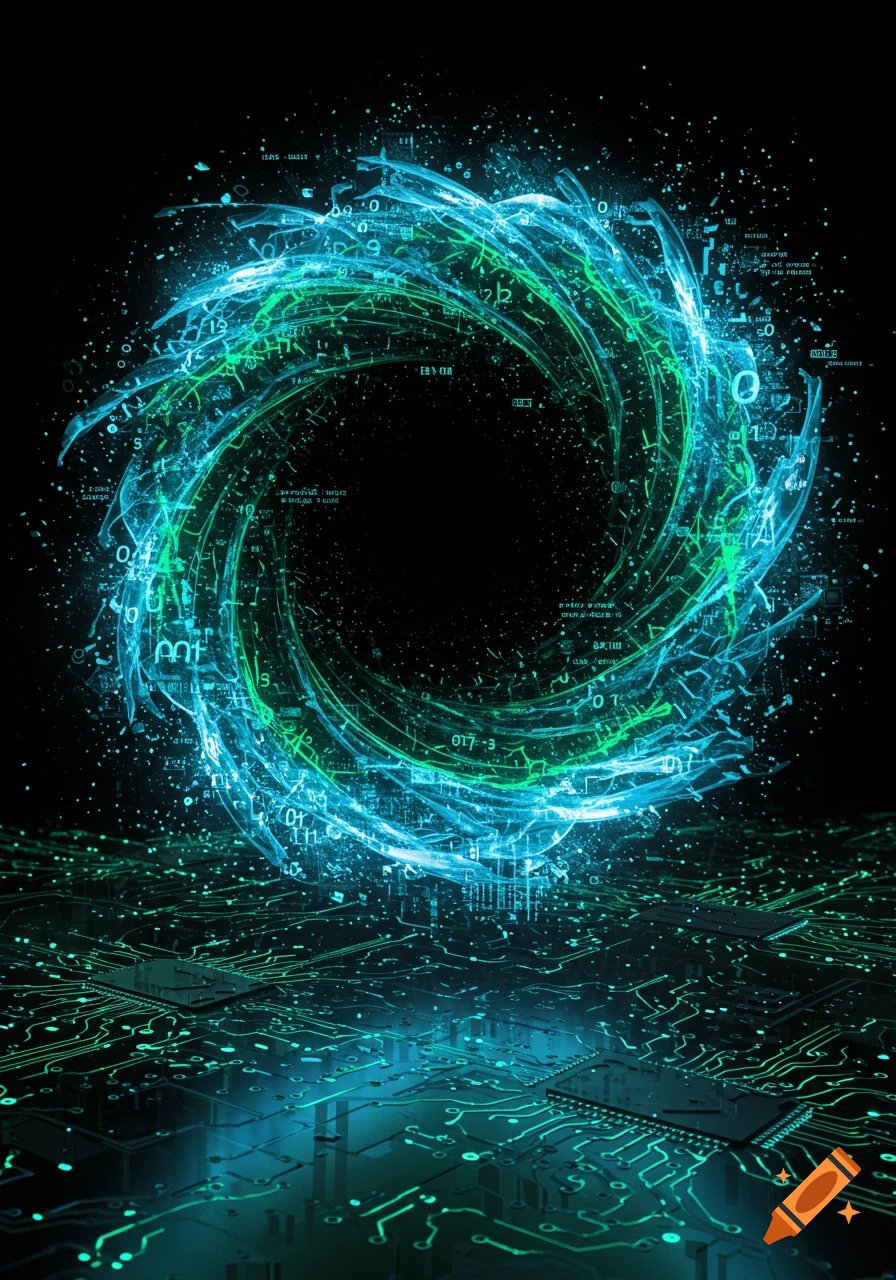 A vibrant blue and green swirling digital vortex above a circuit board, with scattered numbers and binary code.