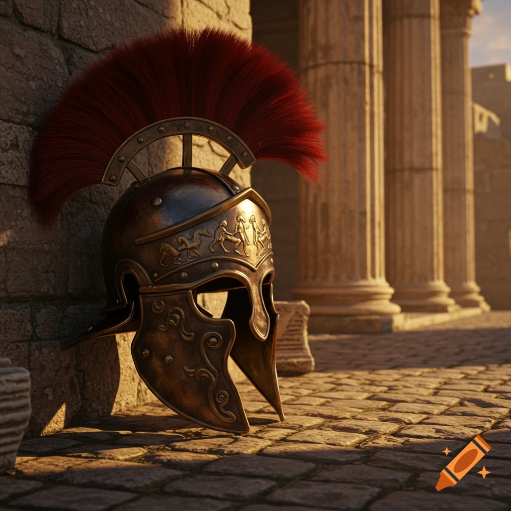 A bronze Roman helmet with a red plume leans against a stone wall, with columns in the background at sunset.