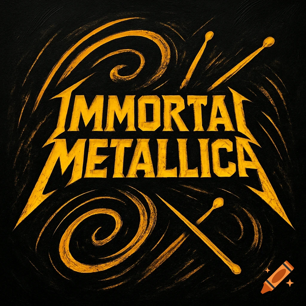 A black and yellow heavy metal band logo featuring the words "IMMORTAL METALLICA" with stylized swirls and drumsticks.