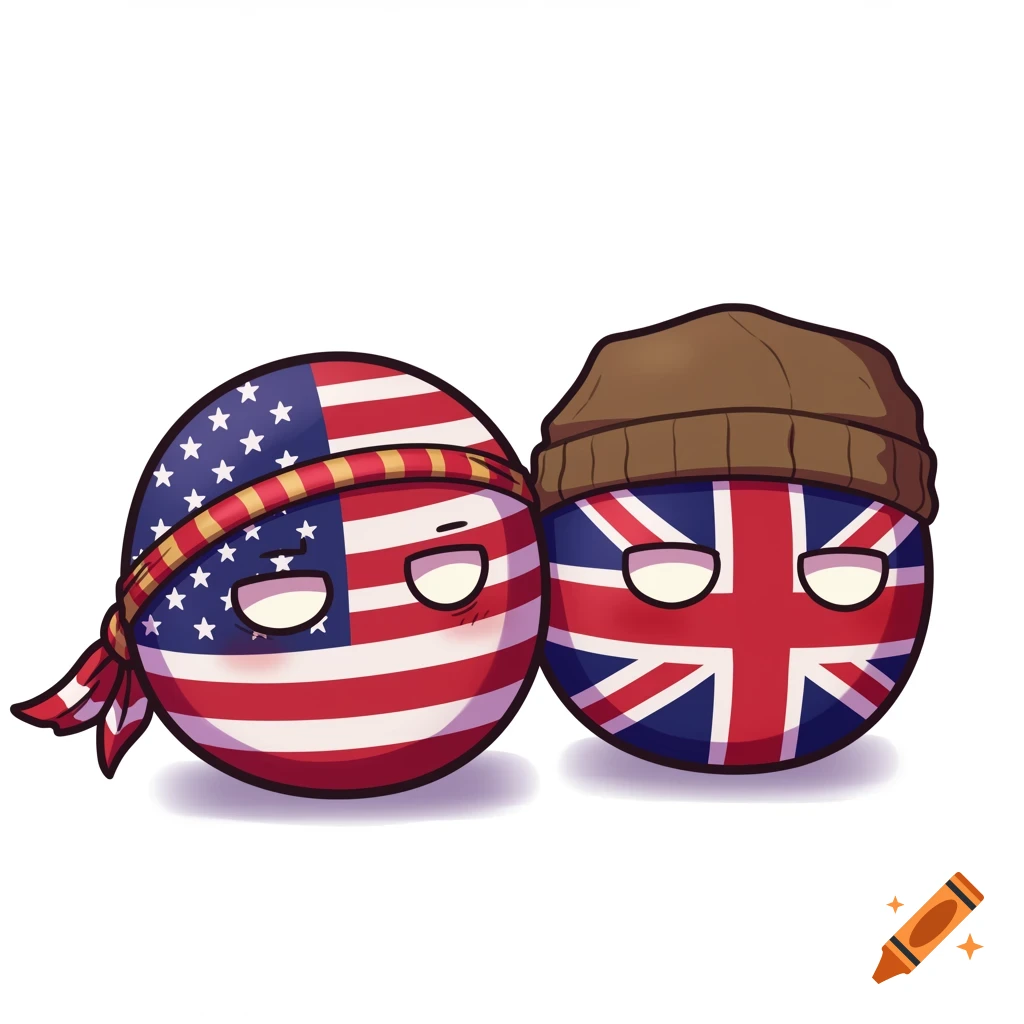 Two cartoon country balls, the USA wearing a do-rag and the UK wearing a brown beanie.