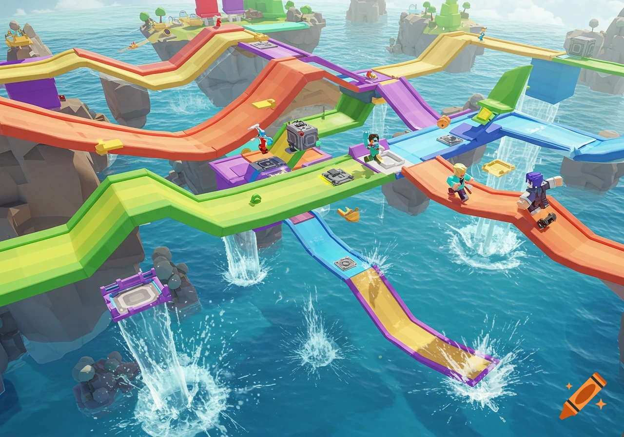 A colorful Roblox-style parkour course with rainbow ramps and platforms over a blue ocean. Three blocky characters are on the course.