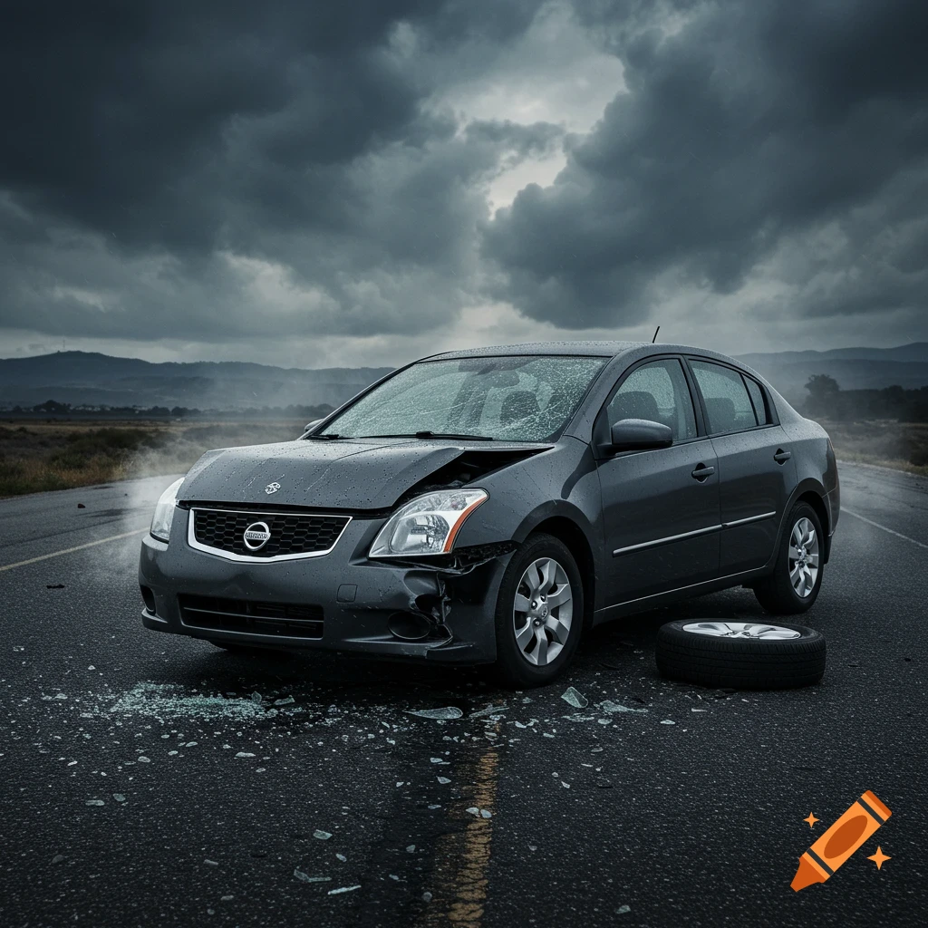 A wrecked dark gray Nissan Sentra car on a wet road with shattered glass and a detached tire under a stormy sky.