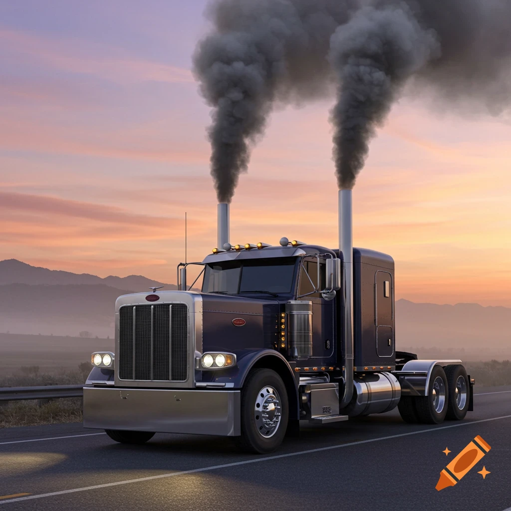 A dark blue Peterbilt semi-truck with large smoking exhaust stacks drives on a highway at sunset.