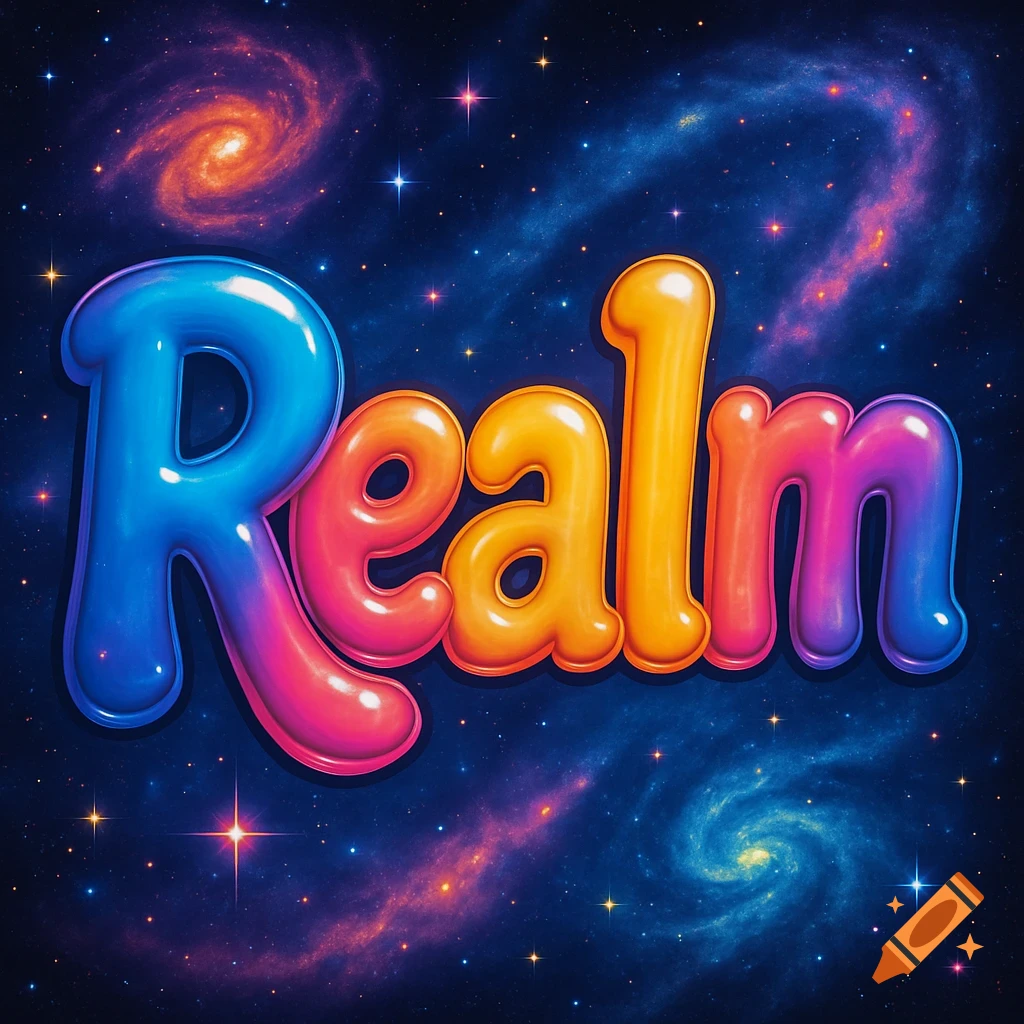 The word 'Realm' rendered in colorful, shiny bubble letters against a starry cosmic background with nebulas.