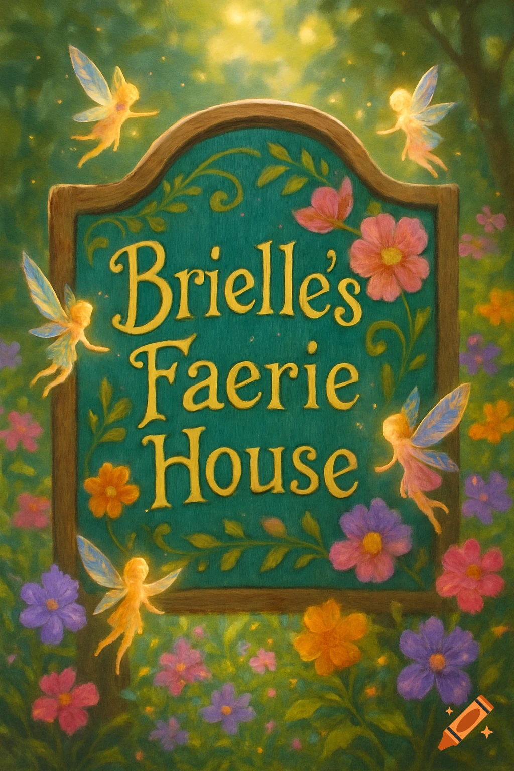 A whimsical wooden sign reading 'Brielle's Faerie House' surrounded by sparkling fairies and colorful flowers in a lush, bright setting.