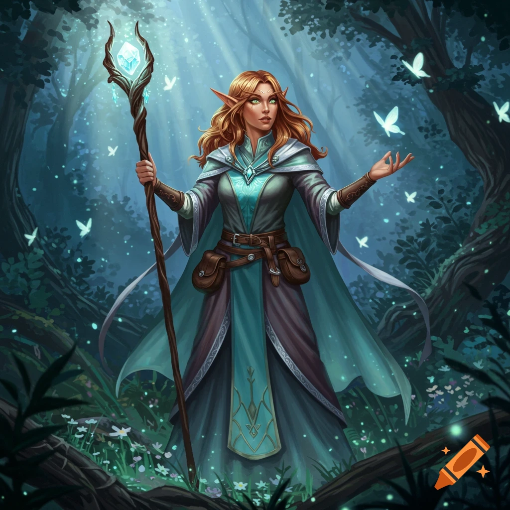 A female elf cleric in a teal and brown robe holding a glowing staff stands in a mystical forest with white butterflies.