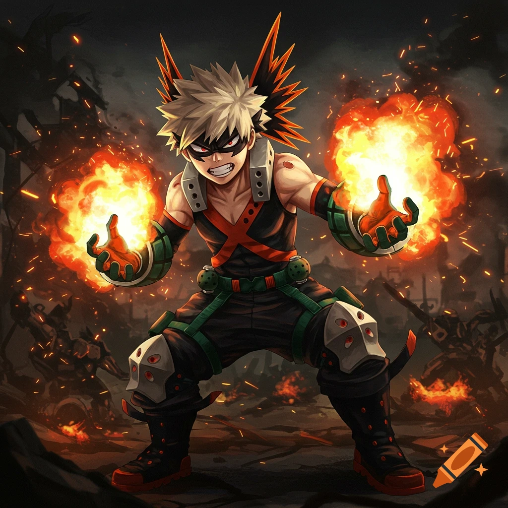 Anime character Katsuki Bakugo from My Hero Academia in his hero costume, generating explosions from his hands, in a dynamic pose.
