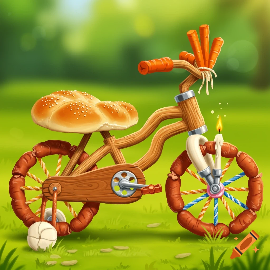 A whimsical, cartoon-style bicycle made of food, with a bread roll seat, sausage wheels, carrot handlebars, and candle spokes, set in a grassy field.