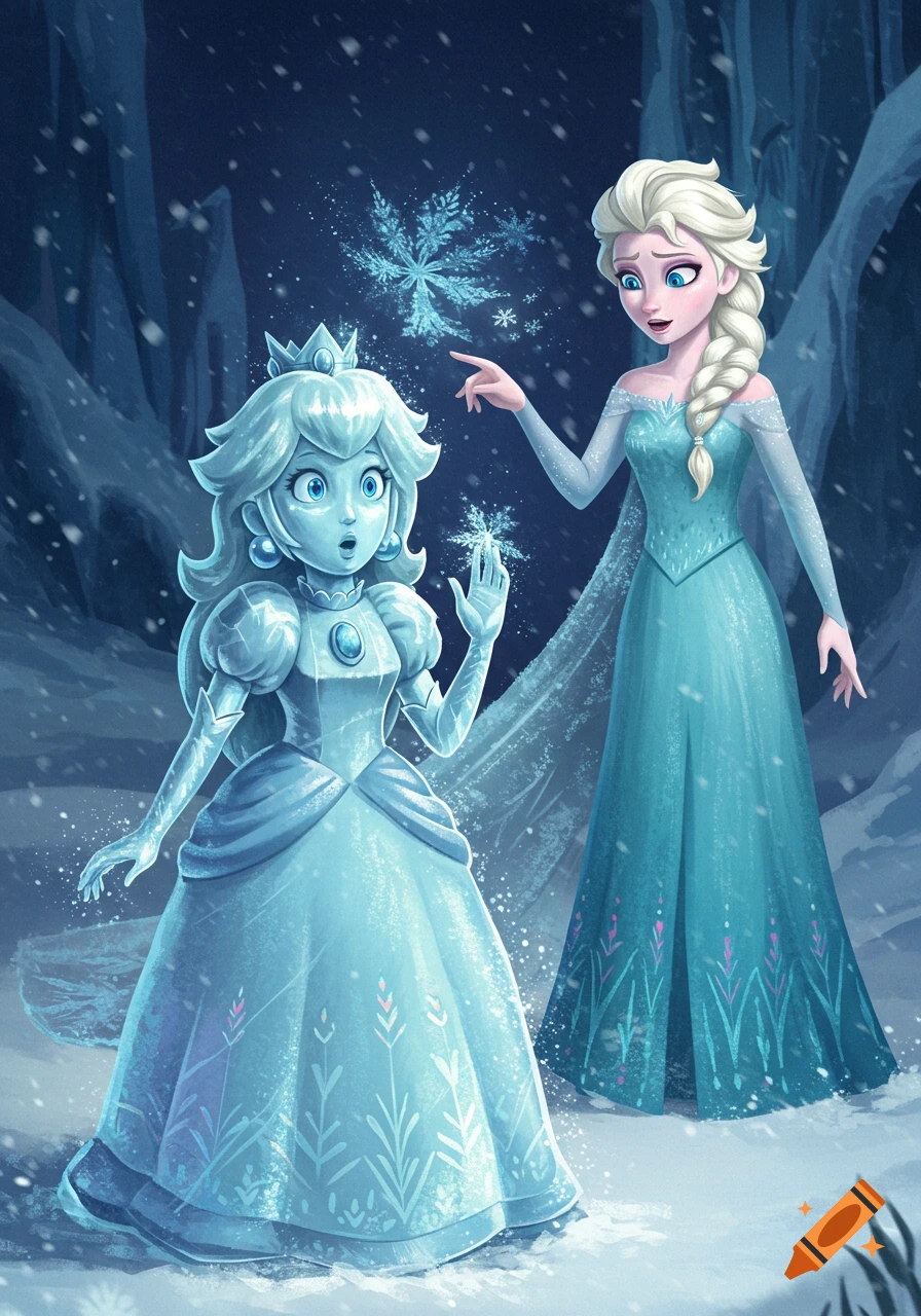Princess Peach, transformed into an ice statue, stands surprised in a snowy forest while Elsa points at a large snowflake.
