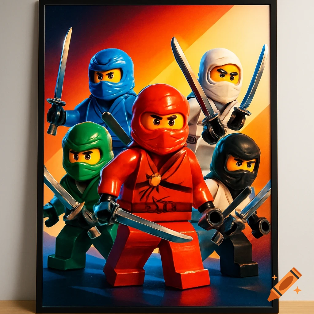 Five colorful Lego ninja figures in dynamic poses, holding swords, against a vibrant orange and blue background. The red figure is in the foreground.