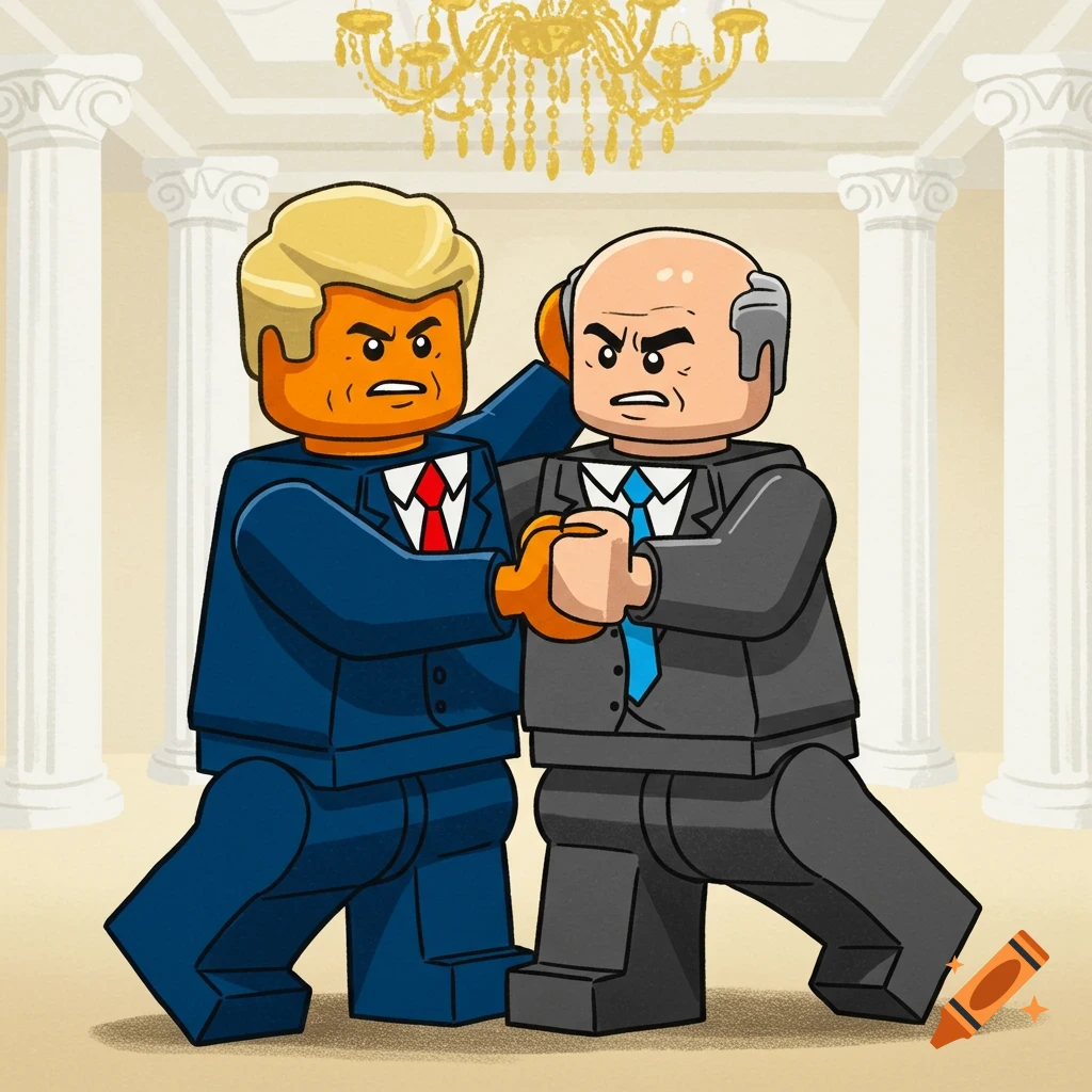 Two LEGO-style male figures, one blonde in blue, the other balding in grey, dance the tango in a classical room.