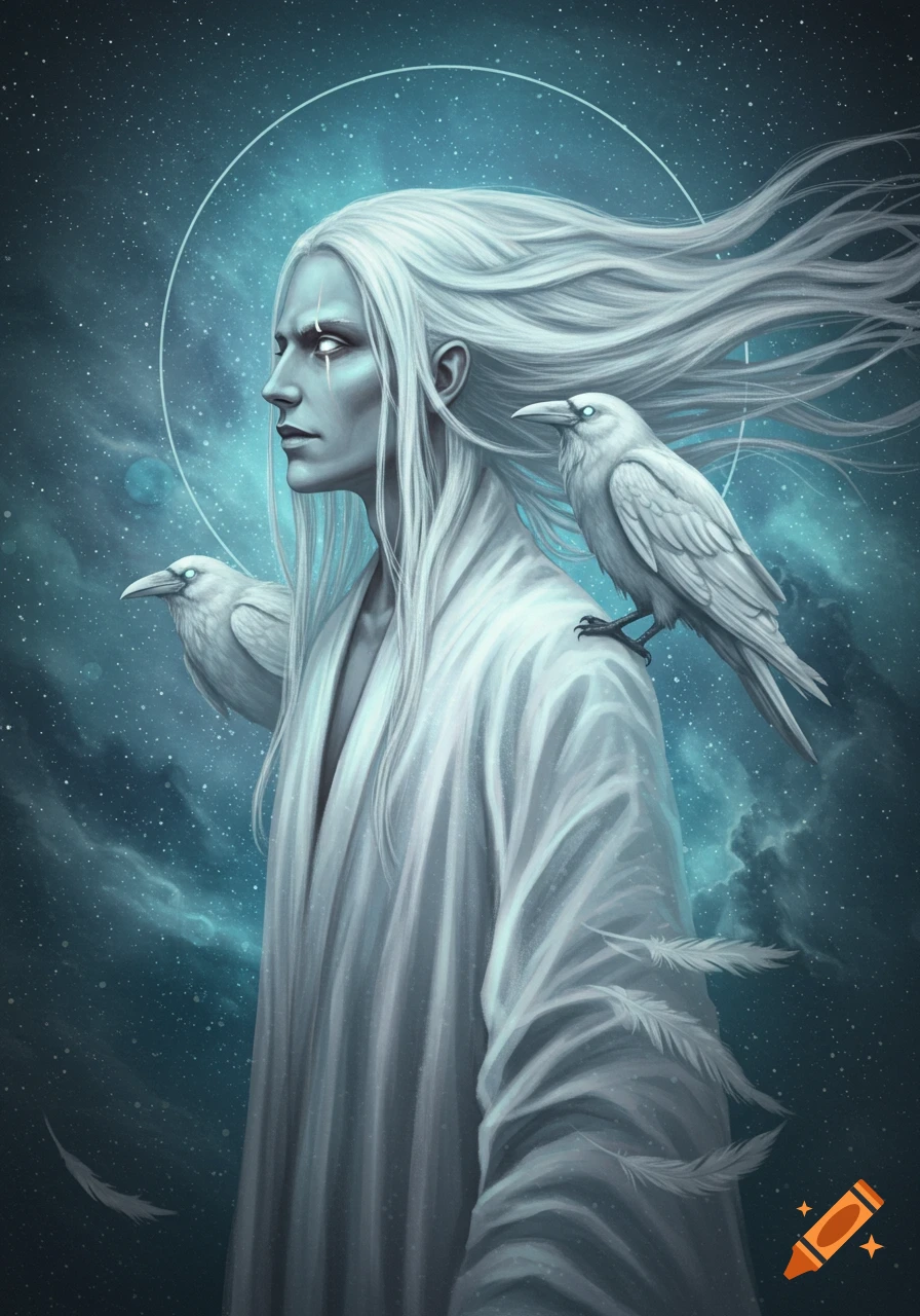 A pale man with long white hair and glowing eyes in white robes, with two white ravens on his shoulders, against a starry cosmic background.