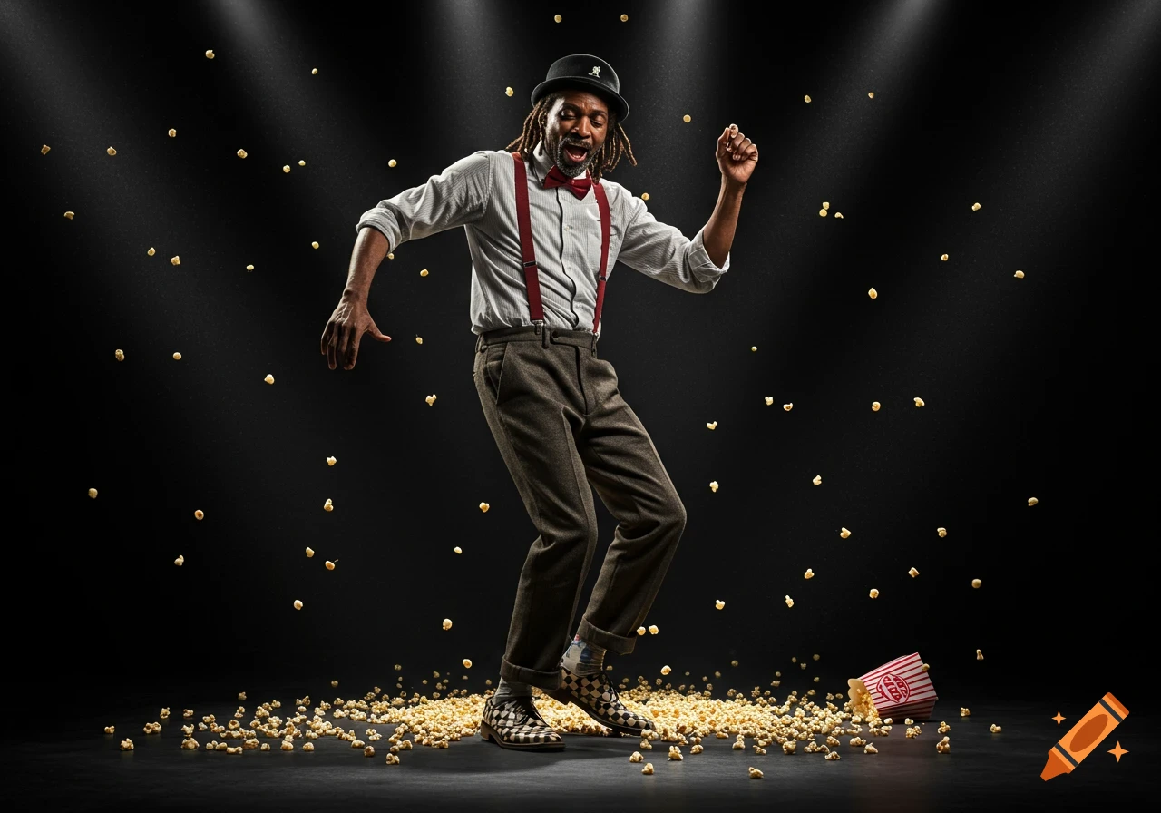 A man with dreadlocks, a bowler hat, red suspenders, and checkered shoes dances energetically on a dark stage amidst scattered and falling popcorn, lit by spotlights.