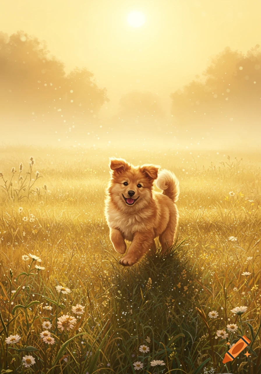 A fluffy golden puppy runs happily through a sunny, golden meadow filled with wildflowers and sparkling dew, bathed in the soft light of morning.