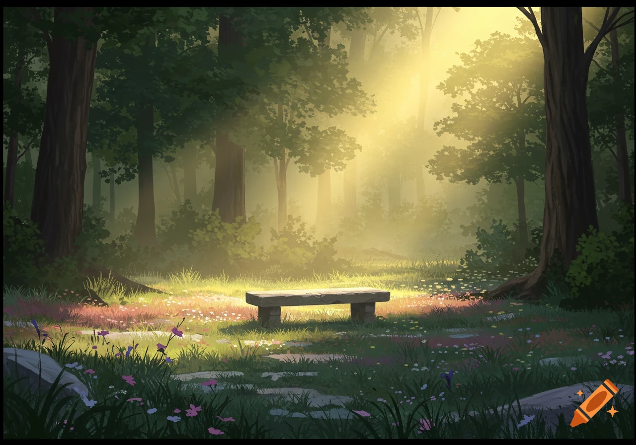 A serene, sunlit forest clearing with a stone bench and wildflowers, in a fantasy art style.