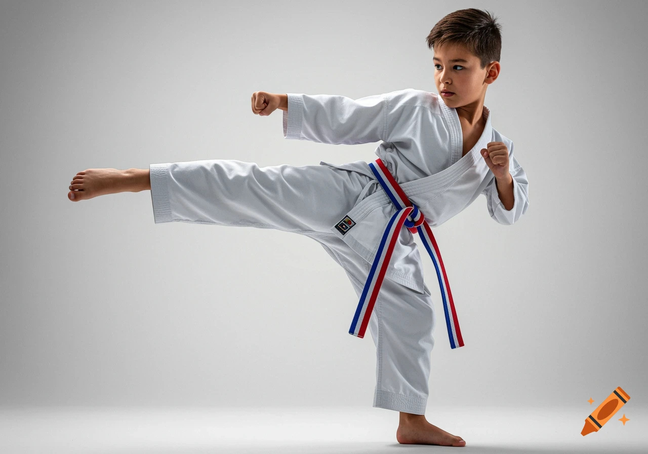 A boy in a white karate gi with a red, white, and blue belt performs a high kick against a plain white background.
