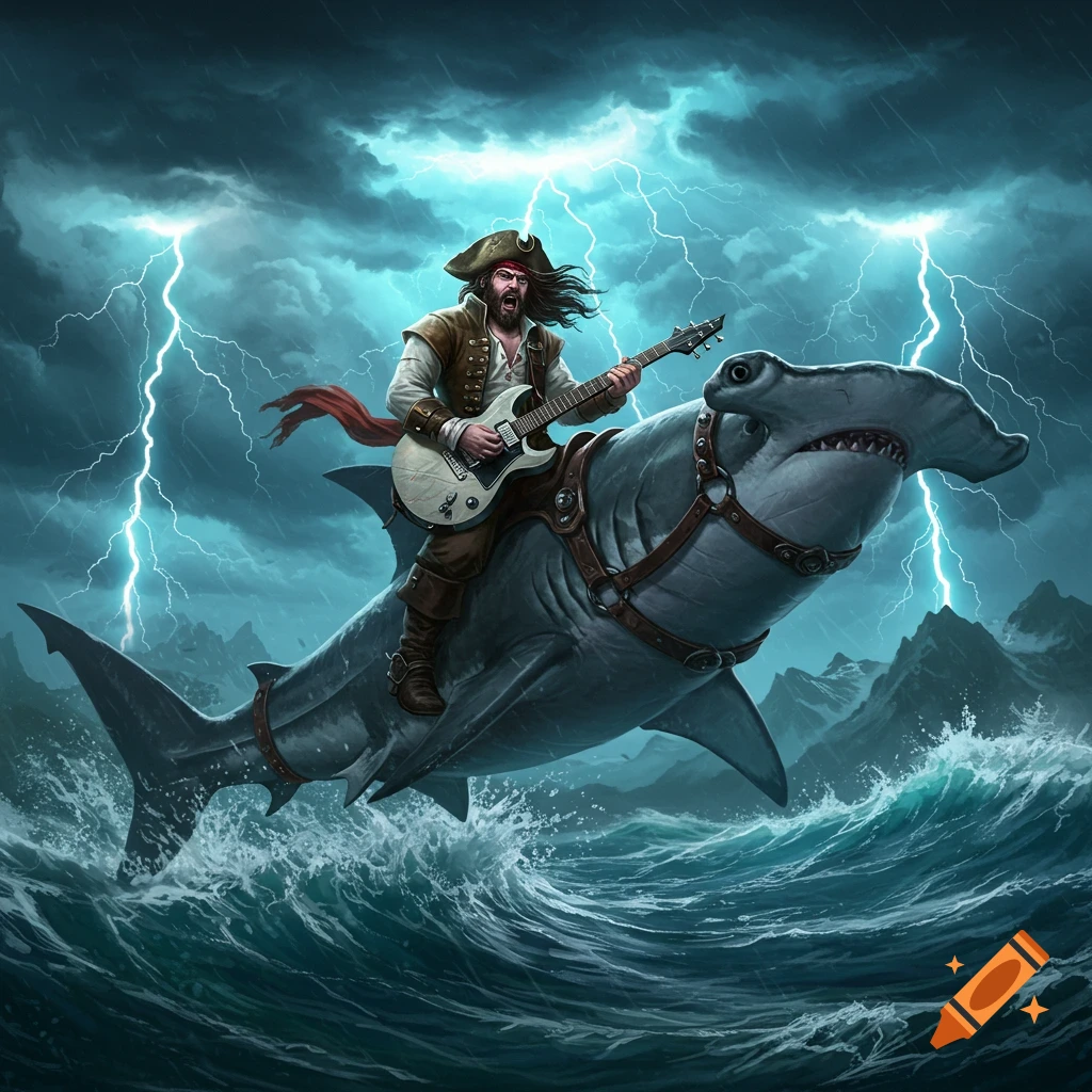 A pirate-like man plays an electric guitar while riding a hammerhead shark over stormy waves, with lightning in the dark sky.