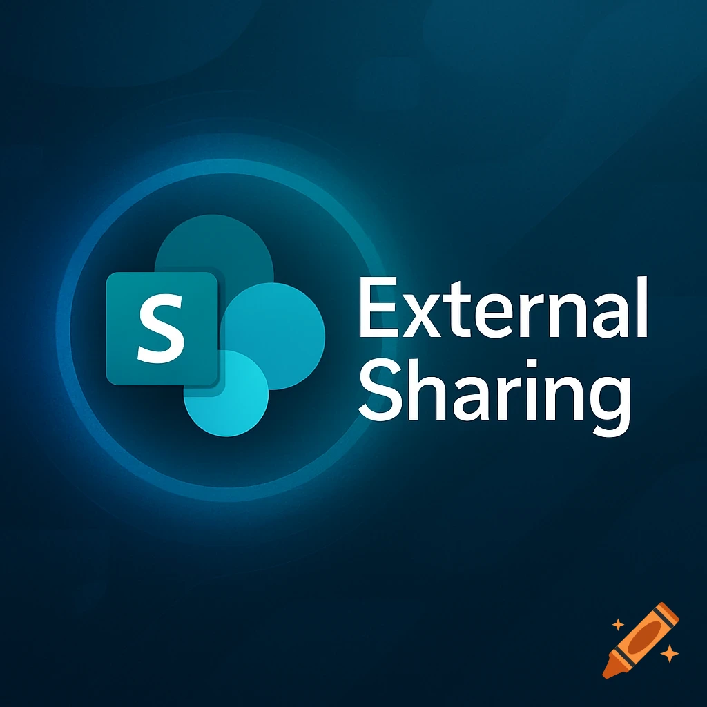 A dark blue background with a green square 'S' logo and blue circles, beside white text 'External Sharing'.