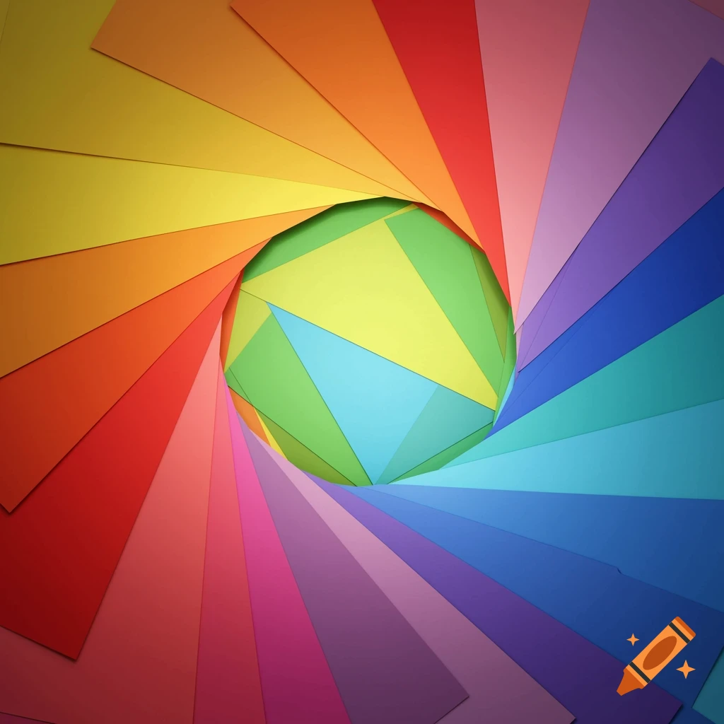 Colorful papers in a swirling, circular pattern with a geometric sphere in the center.