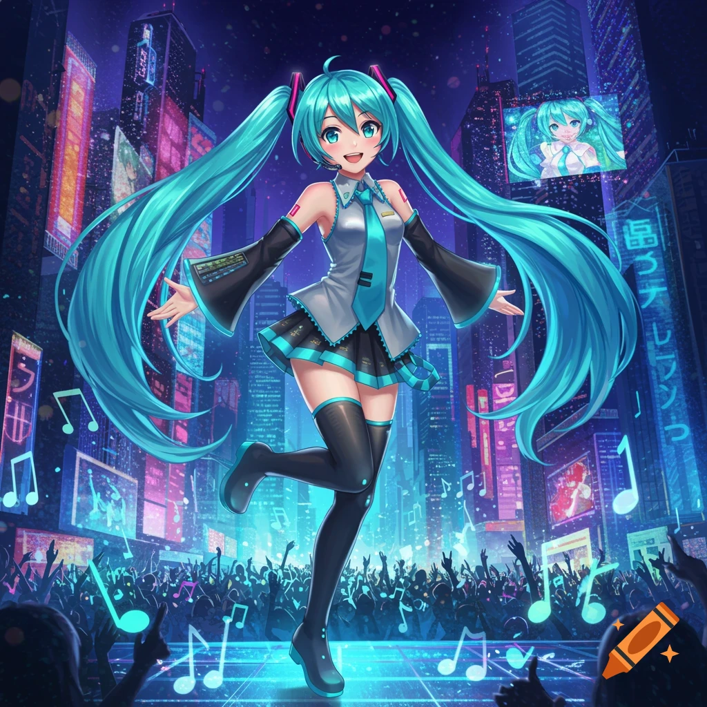 Hatsune Miku performs on a stage at night in a neon-lit city, with a crowd below and musical notes floating.