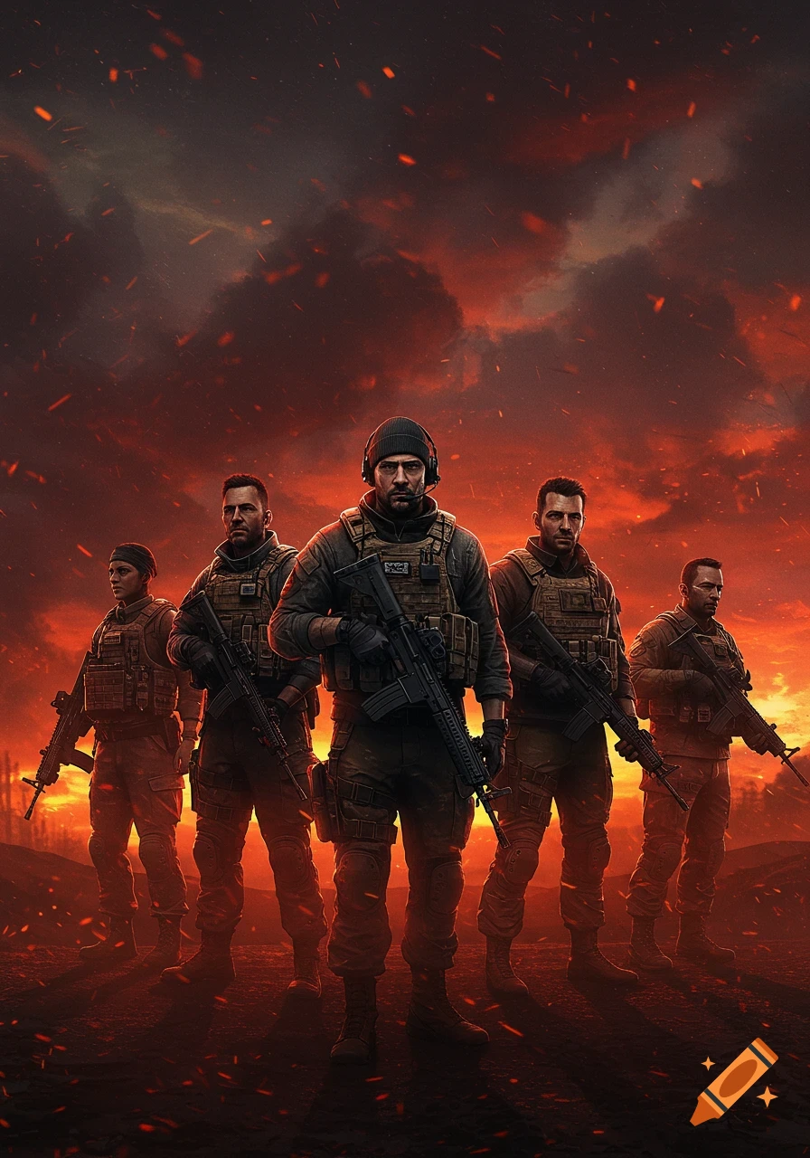 Five armed soldiers in tactical gear stand against a dramatic, fiery red and orange sky with falling embers.
