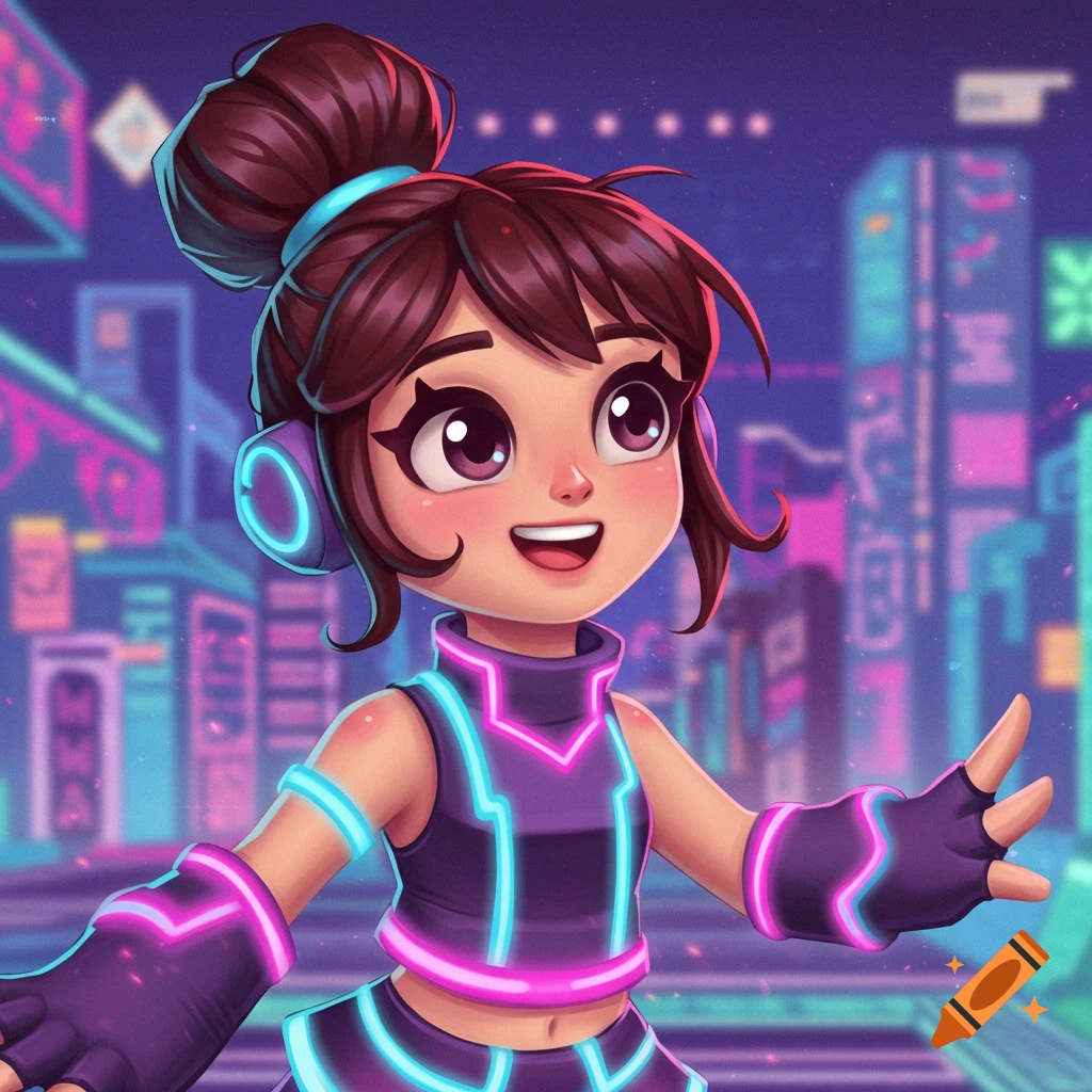 A smiling cartoon girl with a bun and headphones in a neon-lit cyberpunk city.