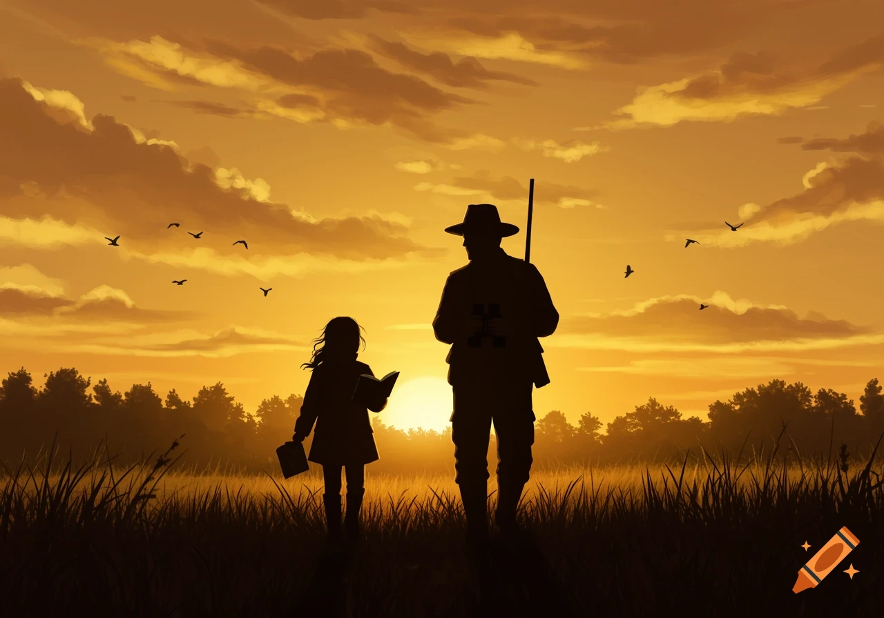 Illustration of a father and daughter silhouettes walking in a field at sunset; the father carries a rifle, the daughter reads a book.