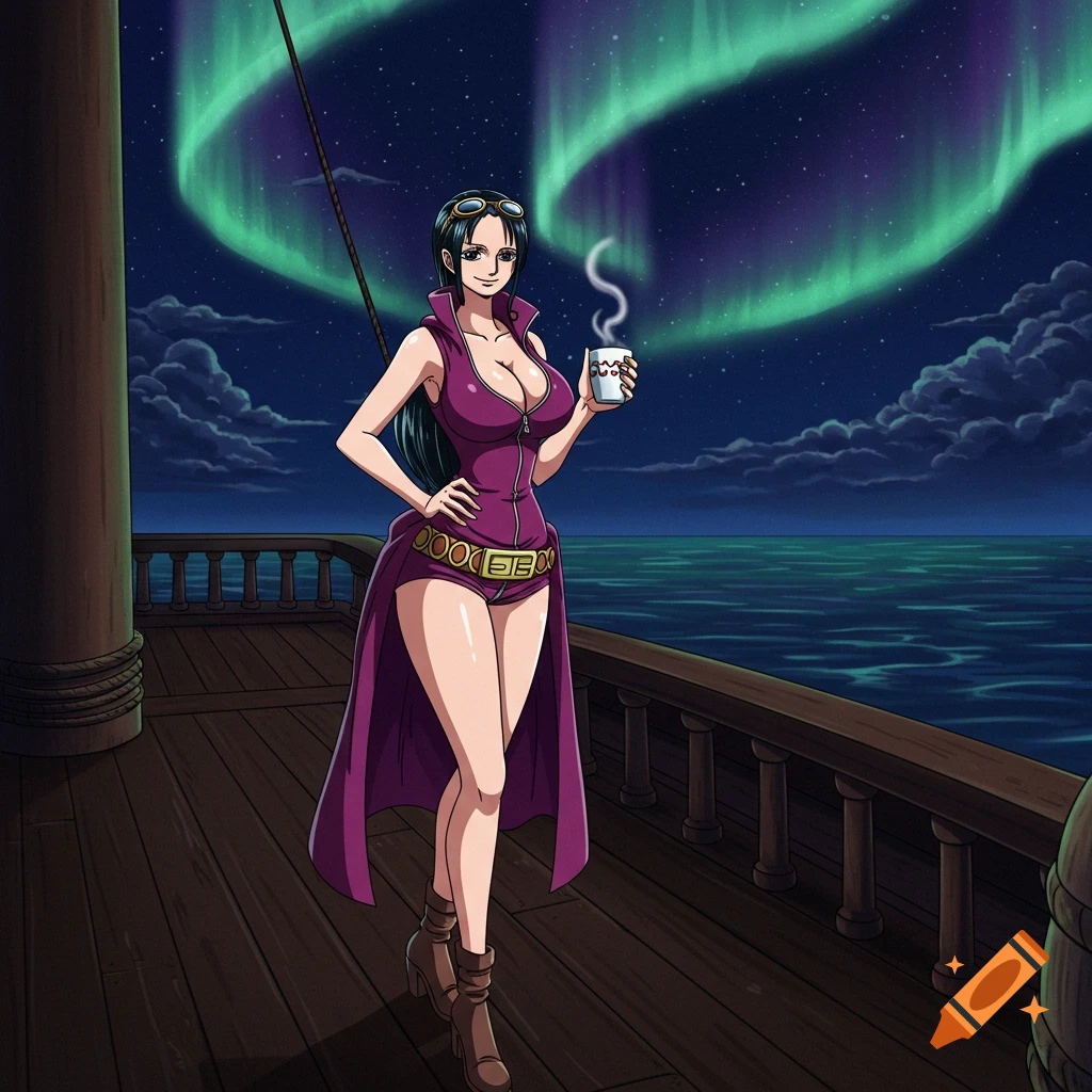 Anime illustration of Nico Robin on a ship's deck at night under an aurora, holding a coffee mug.