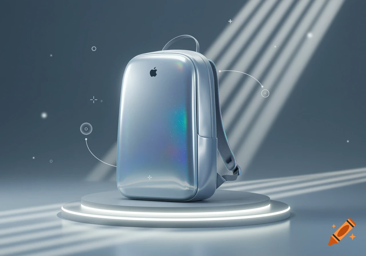 A shiny, iridescent silver backpack with an Apple logo on a lit display stand in a minimalist studio.
