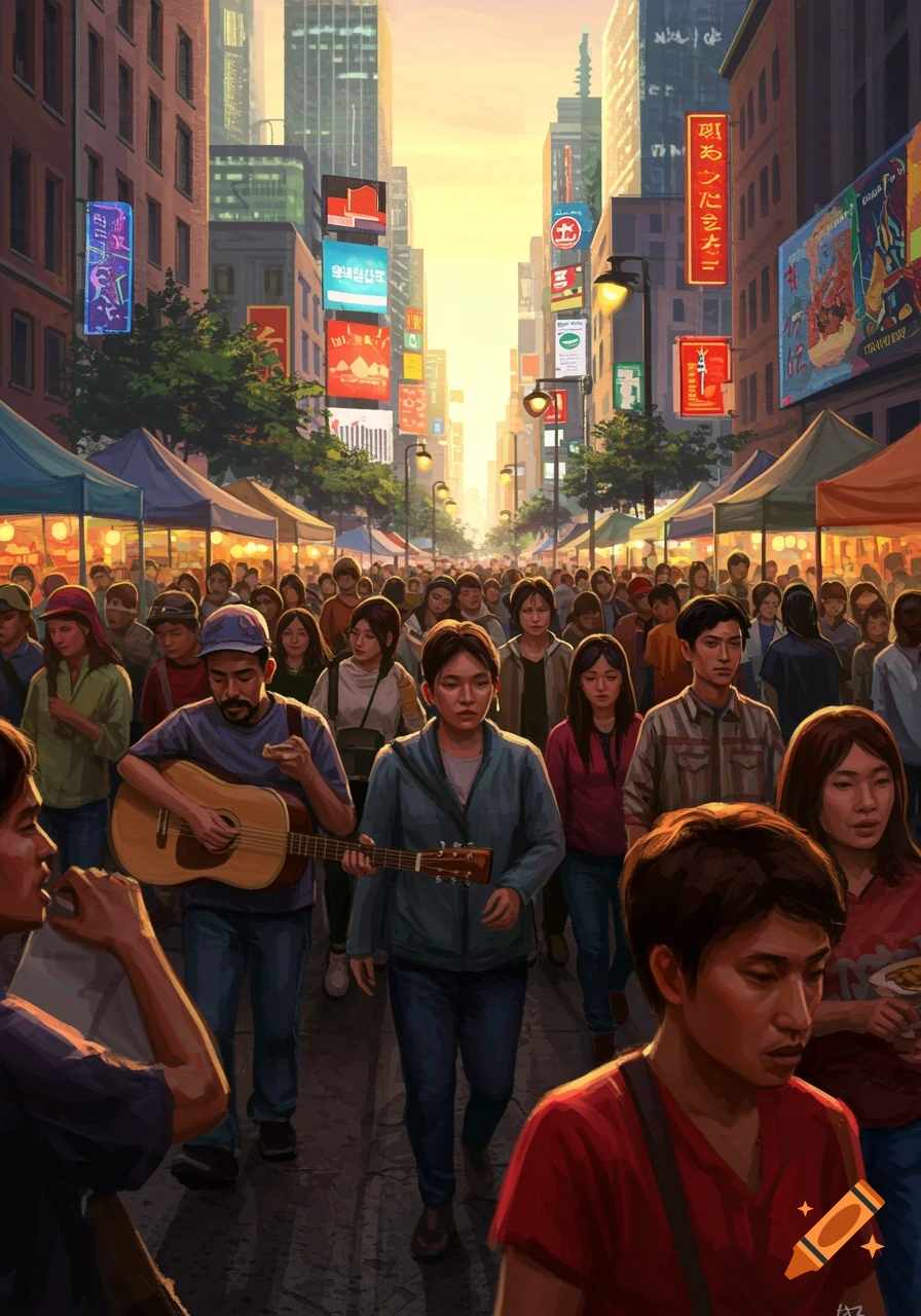 A bustling street market scene at sunset with a crowd of people, including a man playing a guitar, surrounded by buildings and illuminated signs.