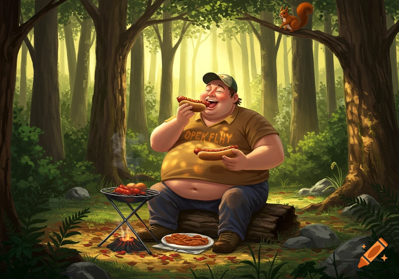 Cartoon of a happy, overweight man eating a hotdog while sitting on a log in a forest, with a squirrel nearby and a small grill beside him.