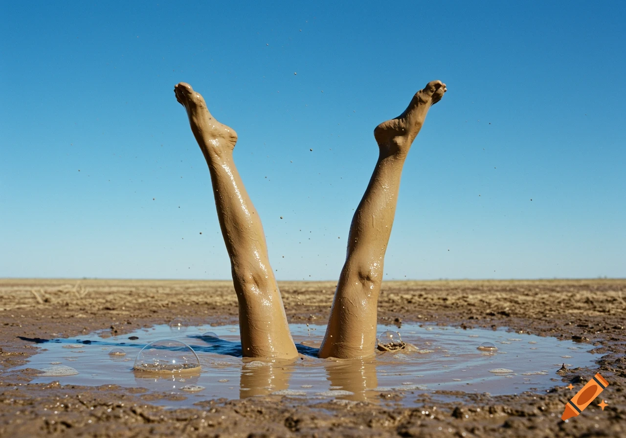 Two mud-covered legs stick straight up from a bubbling puddle in a flat, dry landscape under a clear blue sky.