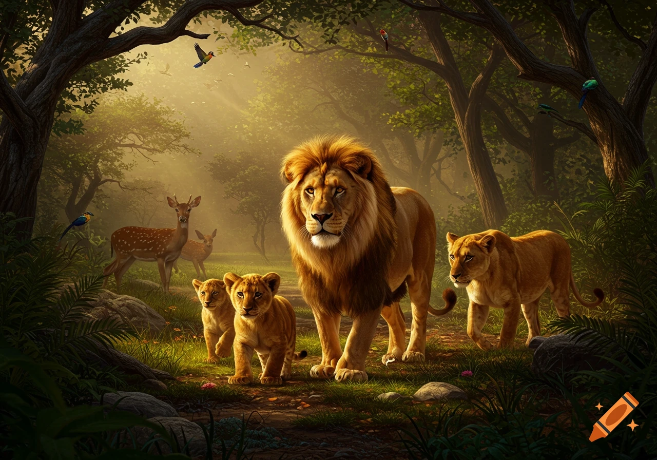 A photorealistic depiction of a lion family and deer walking through a sunlit, misty forest.