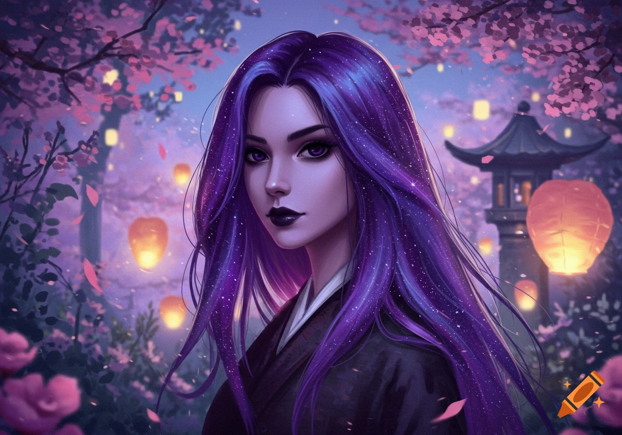 Stylized portrait of a woman with purple hair and dark eyes in a cherry blossom garden with lanterns and a pagoda.