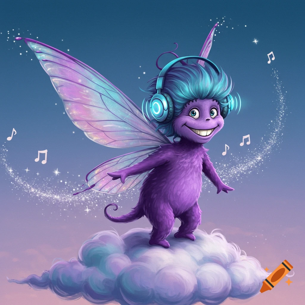 A cute purple furry winged creature wearing blue headphones stands on a cloud with musical notes.