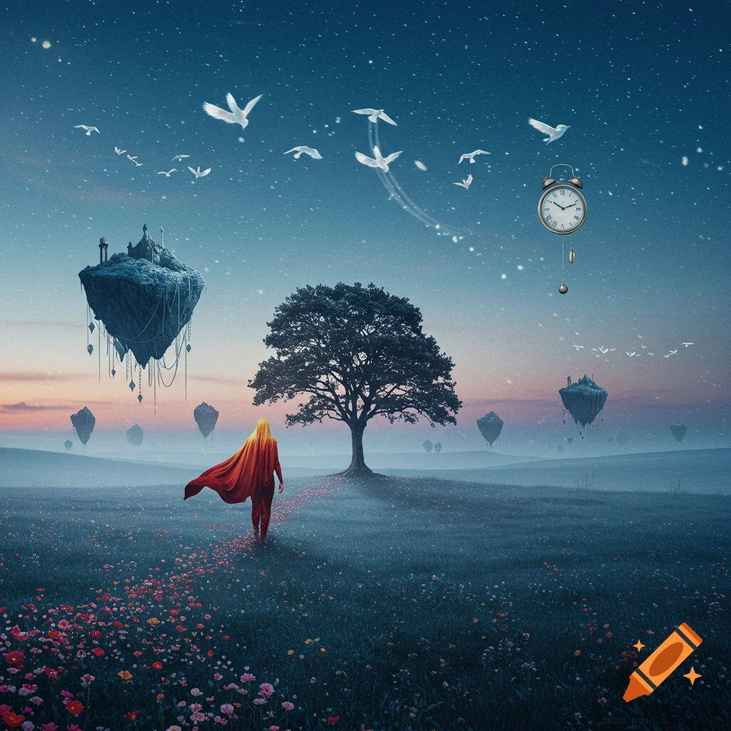 Surreal fantasy landscape with a person in a red cloak walking towards a tree in a flower field, under a starry sky with floating islands and a clock.