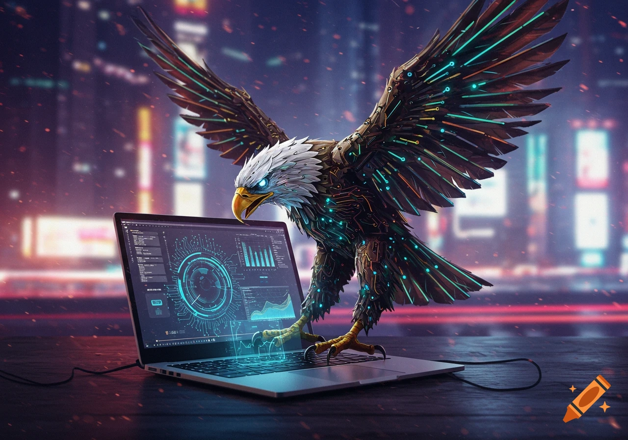 A futuristic cybernetic eagle stands on a laptop with glowing circuits against a blurry cityscape.