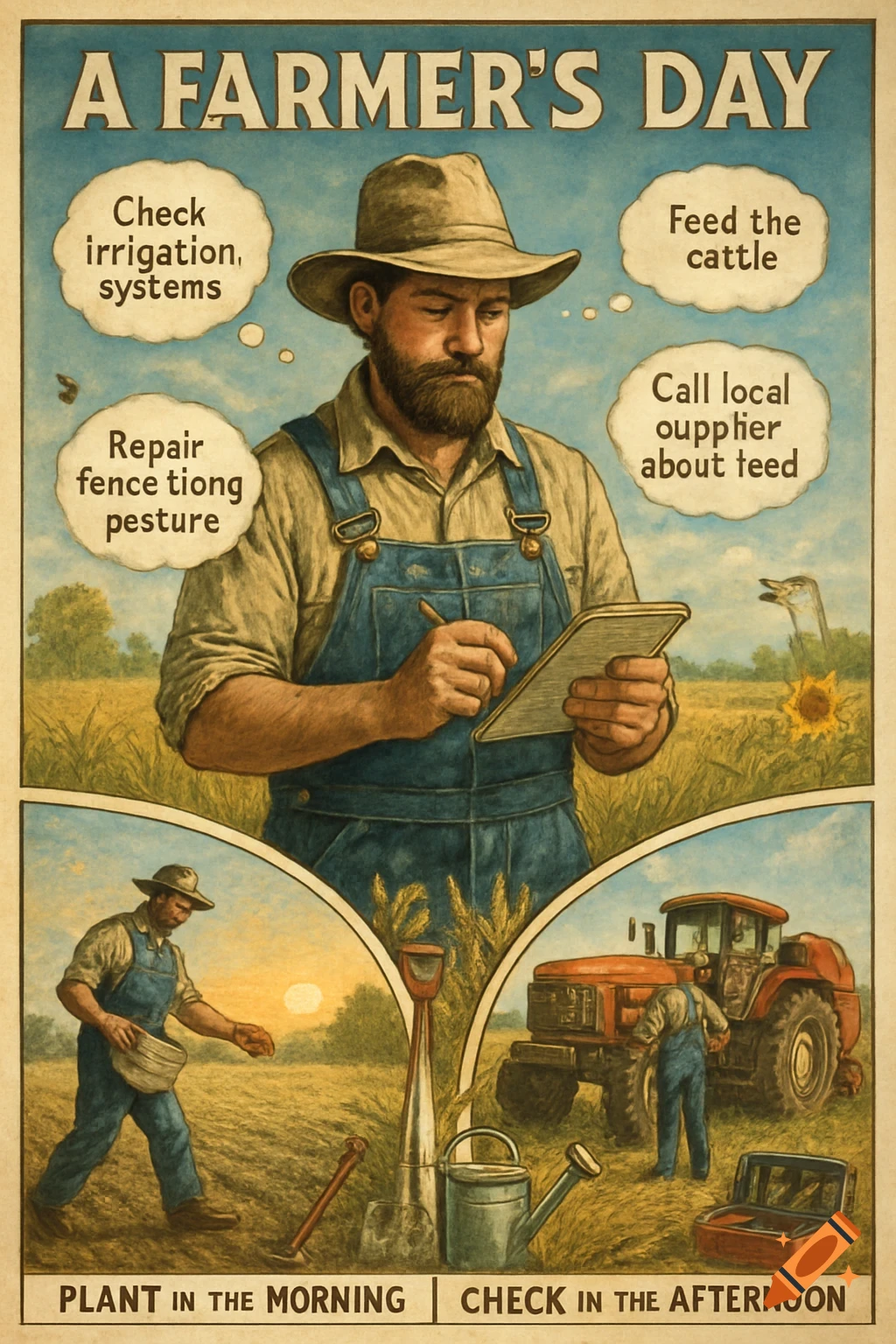 Vintage-style poster titled 'A Farmer's Day,' showing a bearded farmer in overalls contemplating his tasks like irrigation and feeding cattle, with smaller scenes of planting and checking a tractor.